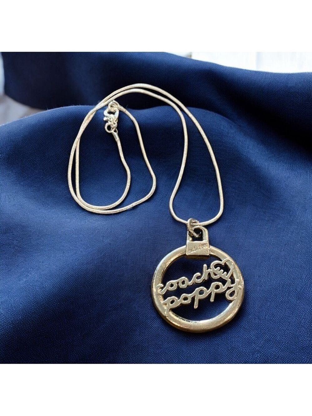 Upcycled Coach Poppy Silvertone Zipper Pull on 18” Silver Plated Snake Chain